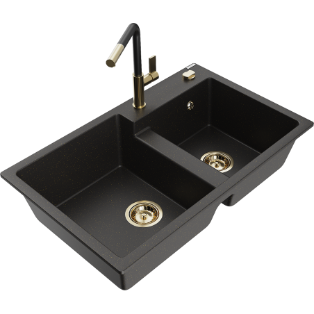 Mexen Tomas granite double bowl sink with Flora kitchen faucet, black/gold metallic - 6516-75-670401-57-G