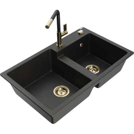 Mexen Tomas Granite Kitchen Sink 2-Bowl with Flora Kitchen Tap, Black/Gold Metallic - 6516-75-670401-57-G