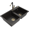 Mexen Tomas 2-compartment granite sink with a kitchen mixer tap Flora, Black/Gold metallic - 6516-75-670401-57-G