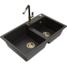 Mexen Tomas granite double bowl sink with Flora kitchen faucet, black/gold metallic - 6516-75-670401-57-G