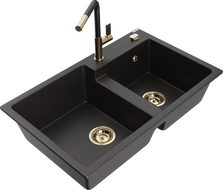 Mexen Tomas 2-bowl granite sink with Flora kitchen faucet, black/gold metallic - 6516-75-670401-57-G