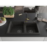 Mexen Tomas granite double-bowl kitchen sink with Flora faucet, black/gold metallic - 6516-75-670401-57-B