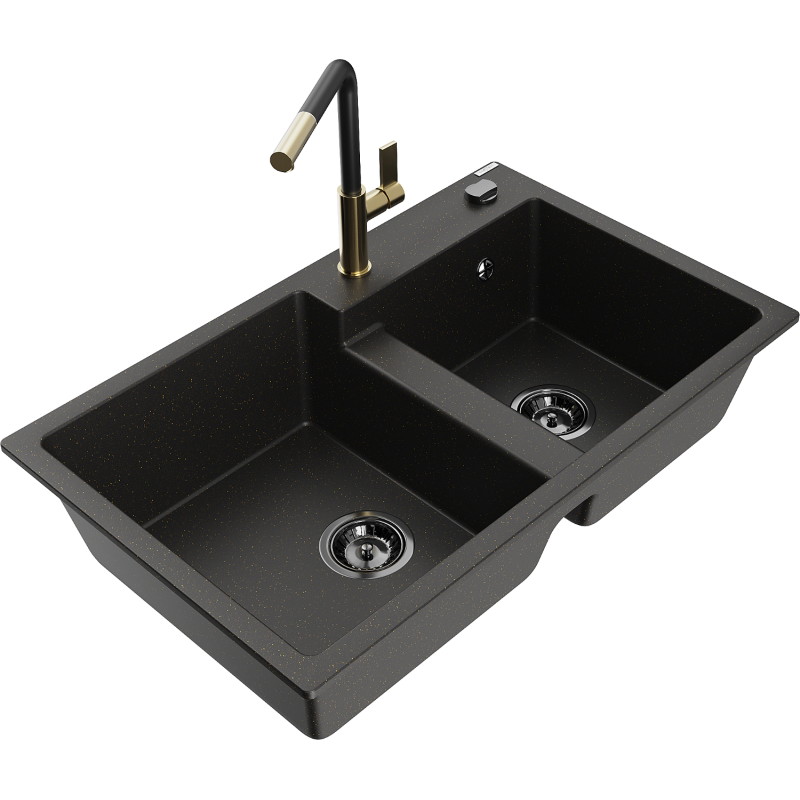 Mexen Tomas 2-bowl granite sink with Flora kitchen faucet, black/golden metallic - 6516-75-670401-57-B