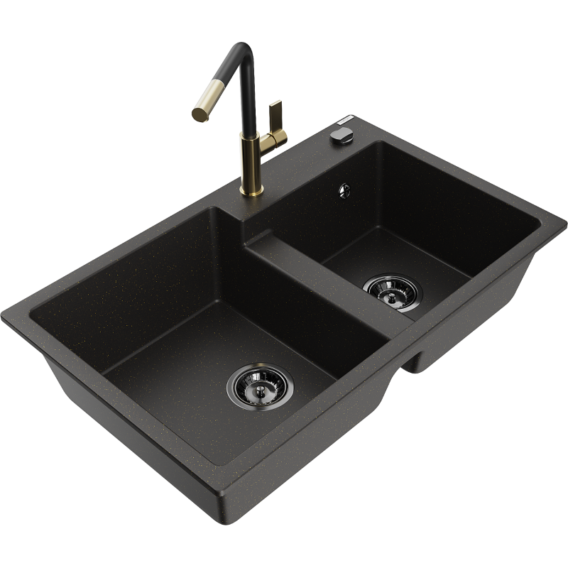 Mexen Tomas 2-compartment granite sink with a kitchen mixer tap Flora, Black/Gold metallic - 6516-75-670401-57-B