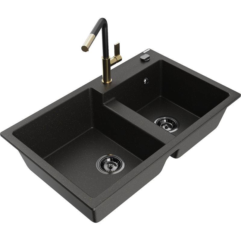 Mexen Tomas granite sink 2-bowl with Flora kitchen tap, black/gold metallic - 6516-75-670401-57-B
