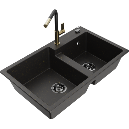 Mexen Tomas 2-bowl granite sink with Flora kitchen faucet, black/golden metallic - 6516-75-670401-57-B