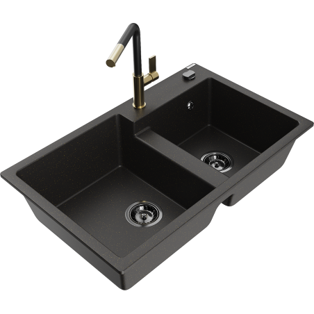 Mexen Tomas granite sink 2-bowl with Flora kitchen tap, black/gold metallic - 6516-75-670401-57-B