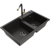 Mexen Tomas 2-bowl granite sink with Flora kitchen faucet, black/golden metallic - 6516-75-670401-57-B