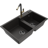 Mexen Tomas granite double-bowl kitchen sink with Flora faucet, black/gold metallic - 6516-75-670401-57-B