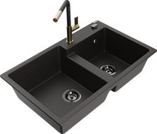 Mexen Tomas granite double-bowl kitchen sink with Flora faucet, black/gold metallic - 6516-75-670401-57-B