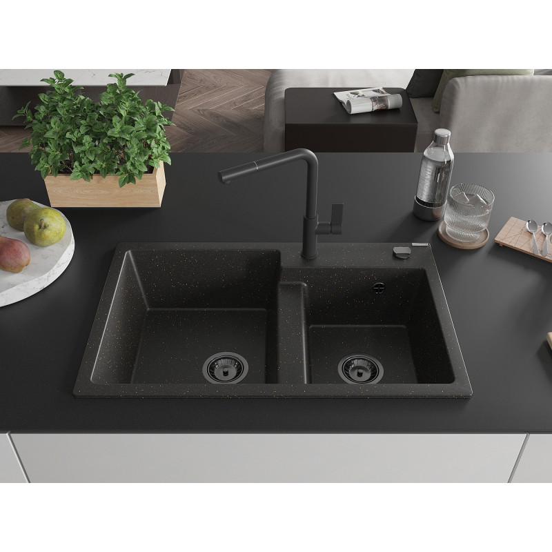 Mexen Tomas granite 2-compartment sink with Flora kitchen faucet, black/gold metallic - 6516-75-670401-70-B