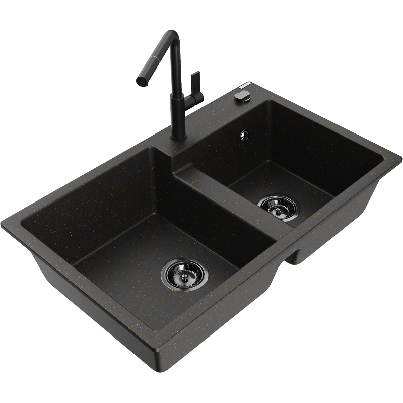 Mexen Tomas 2-bowl granite sink with Flora kitchen tap, black/gold metallic - 6516-75-670401-70-B