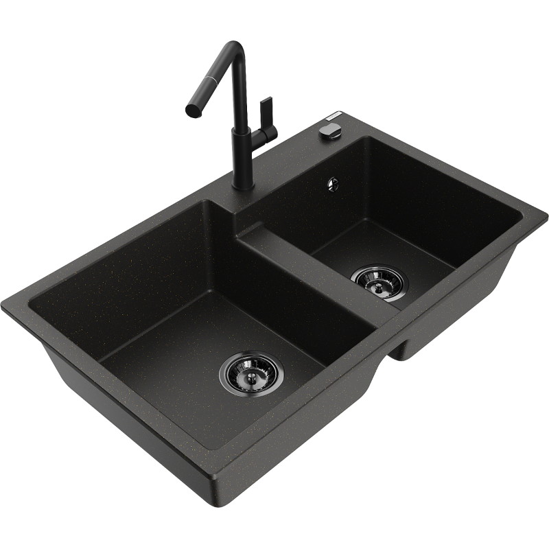 Mexen Tomas granite 2-compartment sink with Flora kitchen faucet, black/gold metallic - 6516-75-670401-70-B