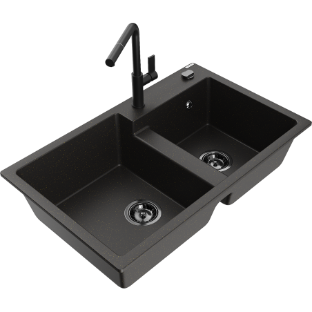 Mexen Tomas 2-compartment granite sink with a kitchen mixer tap Flora, Black/Gold metallic - 6516-75-670401-70-B