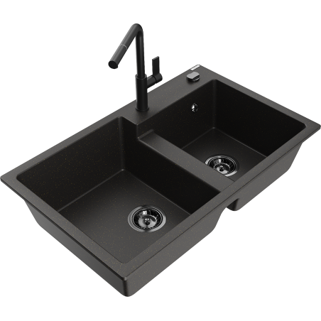 Mexen Tomas granite kitchen sink 2-bowl with Flora kitchen faucet, black/gold metallic - 6516-75-670401-70-B