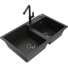 Mexen Tomas 2-bowl granite sink with Flora kitchen tap, black/gold metallic - 6516-75-670401-70-B