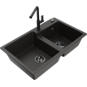 Mexen Tomas granite kitchen sink 2-bowl with Flora kitchen faucet, black/gold metallic - 6516-75-670401-70-B