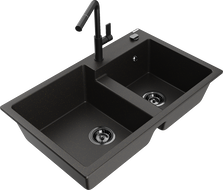 Mexen Tomas granite 2-compartment sink with Flora kitchen faucet, black/gold metallic - 6516-75-670401-70-B