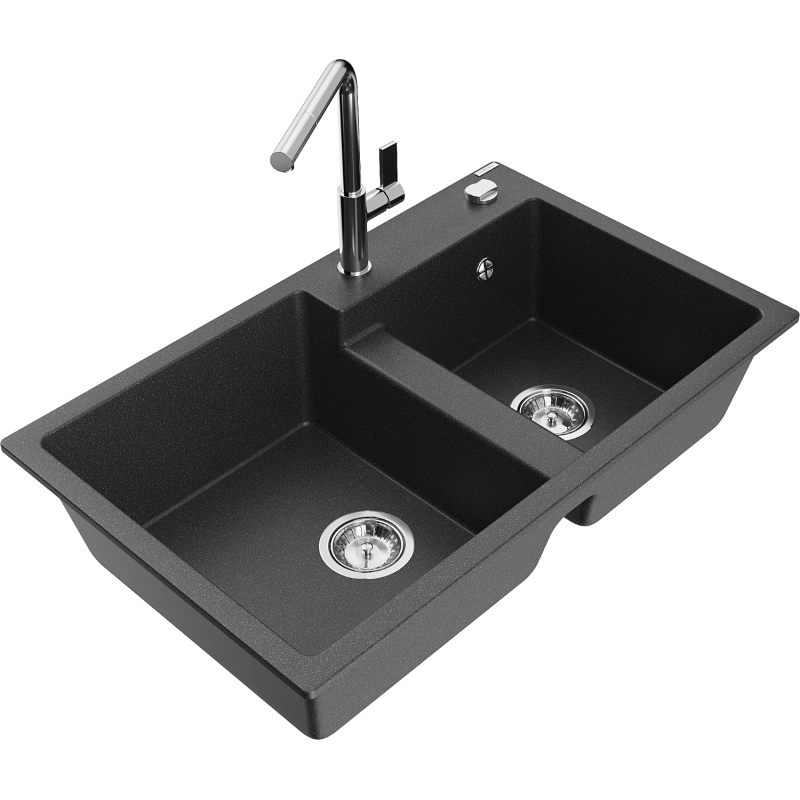 Mexen Tomas 2-compartment granite sink with a kitchen mixer tap Flora, spotted black - 6516-76-670401-00