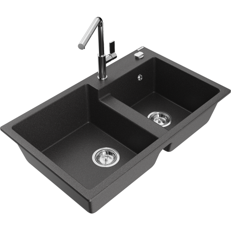 Mexen Tomas 2-bowl granite sink with Flora kitchen faucet, black speckled - 6516-76-670401-00