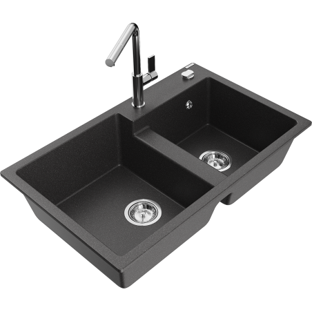 Mexen Tomas granite 2-bowl sink with Flora kitchen tap, black speckled - 6516-76-670401-00