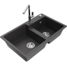 Mexen Tomas granite 2-bowl sink with Flora kitchen tap, black speckled - 6516-76-670401-00
