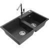 Mexen Tomas granite double-bowl kitchen sink with Flora kitchen faucet, black speckled - 6516-76-670401-00