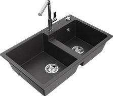 Mexen Tomas 2-compartment granite sink with a kitchen mixer tap Flora, spotted black - 6516-76-670401-00