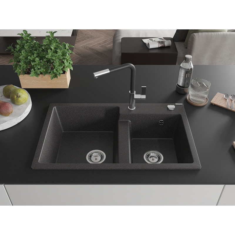 Mexen Tomas 2-bowl granite sink with Flora kitchen faucet, speckled black - 6516-76-670401-07