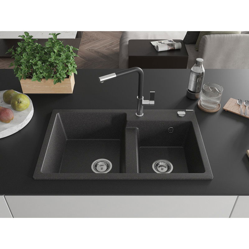 Mexen Tomas granite sink 2-chamber with Flora kitchen tap, black speckled - 6516-76-670401-07