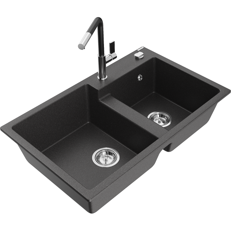 Mexen Tomas 2-compartment granite sink with a kitchen mixer tap Flora, spotted black - 6516-76-670401-07