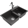 Mexen Tomas 2-bowl granite sink with Flora kitchen faucet, speckled black - 6516-76-670401-07