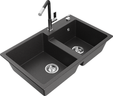 Mexen Tomas 2-bowl granite sink with Flora kitchen faucet, speckled black - 6516-76-670401-07