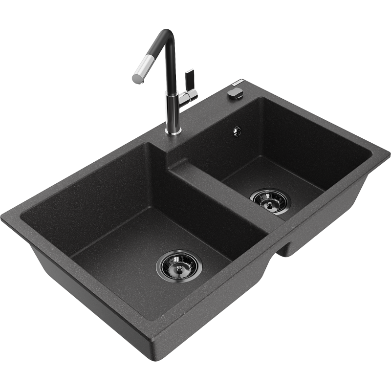 Mexen Tomas 2-compartment granite sink with a kitchen mixer tap Flora, spotted black - 6516-76-670401-07-B