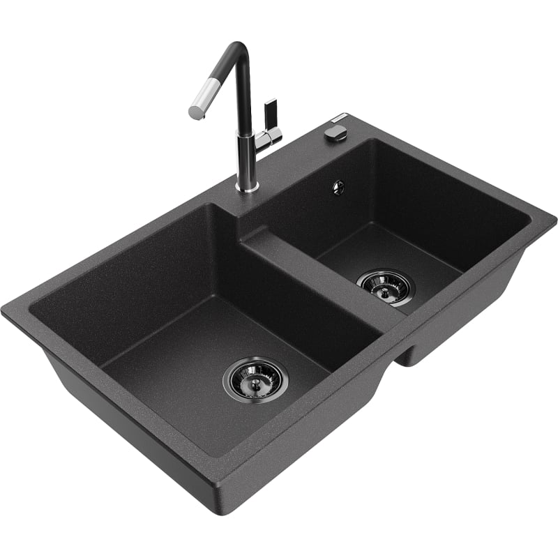 Mexen Tomas 2-compartment granite sink with Flora kitchen faucet, speckled black - 6516-76-670401-07-B