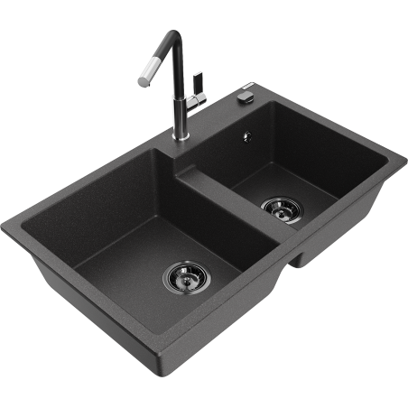 Mexen Tomas 2-bowl granite sink with Flora kitchen faucet, speckled black - 6516-76-670401-07-B