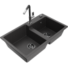 Mexen Tomas 2-bowl granite sink with Flora kitchen faucet, speckled black - 6516-76-670401-07-B