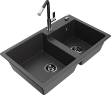 Mexen Tomas 2-compartment granite sink with Flora kitchen faucet, speckled black - 6516-76-670401-07-B