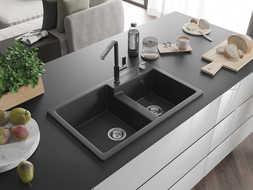 Mexen Tomas 2-compartment granite sink with a kitchen mixer tap Flora, Black/Gold metallic - 6516-76-670401-08