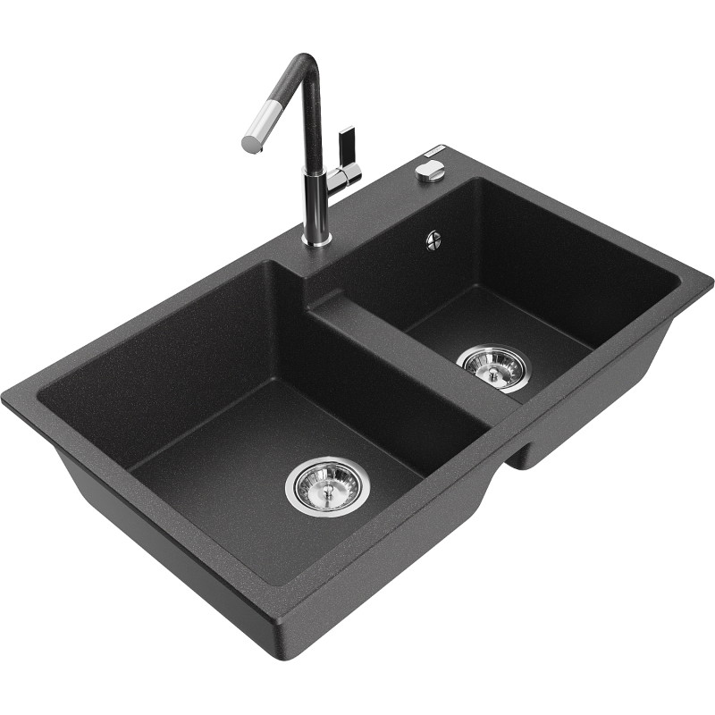 Mexen Tomas granite sink 2-bowl with Flora kitchen faucet, black speckled - 6516-76-670401-08