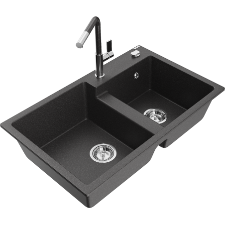 Mexen Tomas granite double-bowl kitchen sink with Flora faucet, speckled black - 6516-76-670401-08