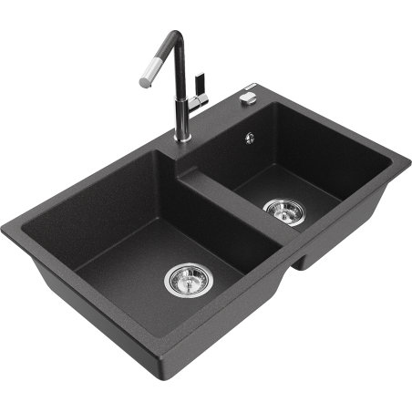 Mexen Tomas granite sink 2-bowl with Flora kitchen tap, black speckled - 6516-76-670401-08