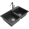 Mexen Tomas granite sink 2-bowl with Flora kitchen tap, black speckled - 6516-76-670401-08