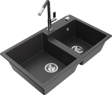 Mexen Tomas granite double-bowl kitchen sink with Flora faucet, speckled black - 6516-76-670401-08
