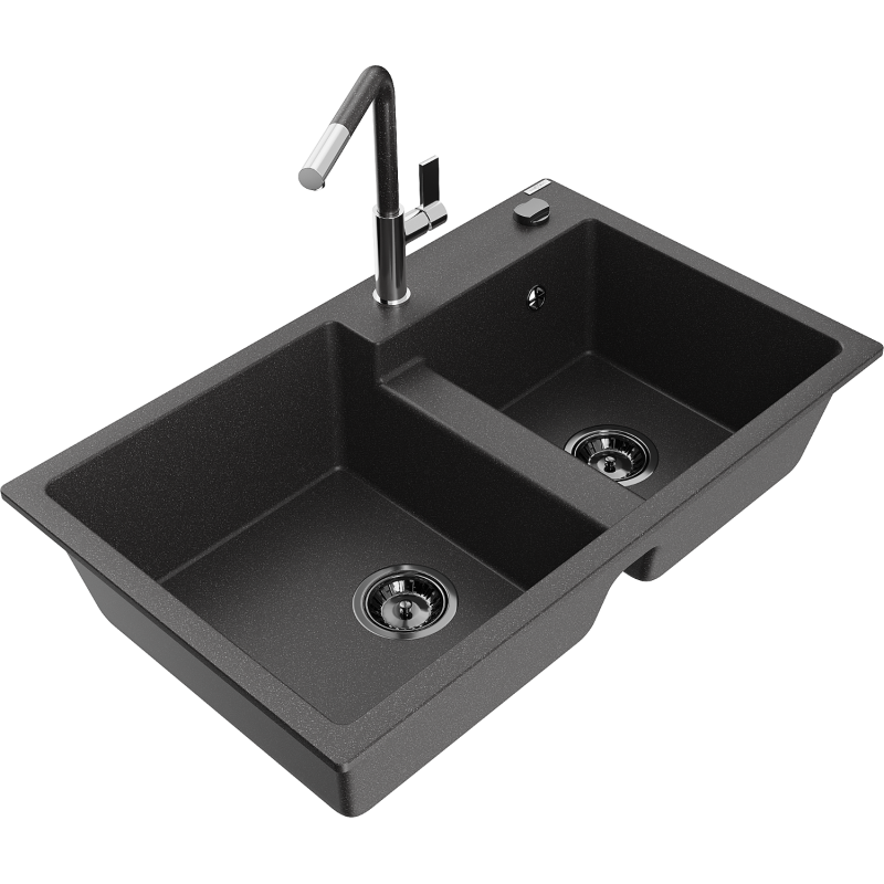Mexen Tomas granite sink 2-chamber with Flora kitchen tap, black speckled - 6516-76-670401-08-B