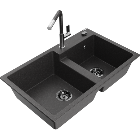Mexen Tomas 2-Bowl Granite Kitchen Sink with Flora Faucet, Black Speckled - 6516-76-670401-08-B