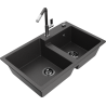 Mexen Tomas 2-compartment granite sink with a kitchen mixer tap Flora, spotted black - 6516-76-670401-08-B