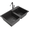 Mexen Tomas granite sink 2-chamber with Flora kitchen tap, black speckled - 6516-76-670401-08-B