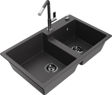 Mexen Tomas 2-Bowl Granite Kitchen Sink with Flora Faucet, Black Speckled - 6516-76-670401-08-B