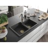 Mexen Tomas granite sink 2-bowl with Flora kitchen tap, black speckled - 6516-76-670401-57-G